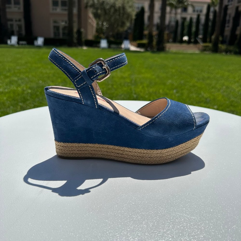 PRADA 3XZ170 Blue Suede Peep Toe Platform Wedge Espadrille Heel Sandals-39.5/9.5